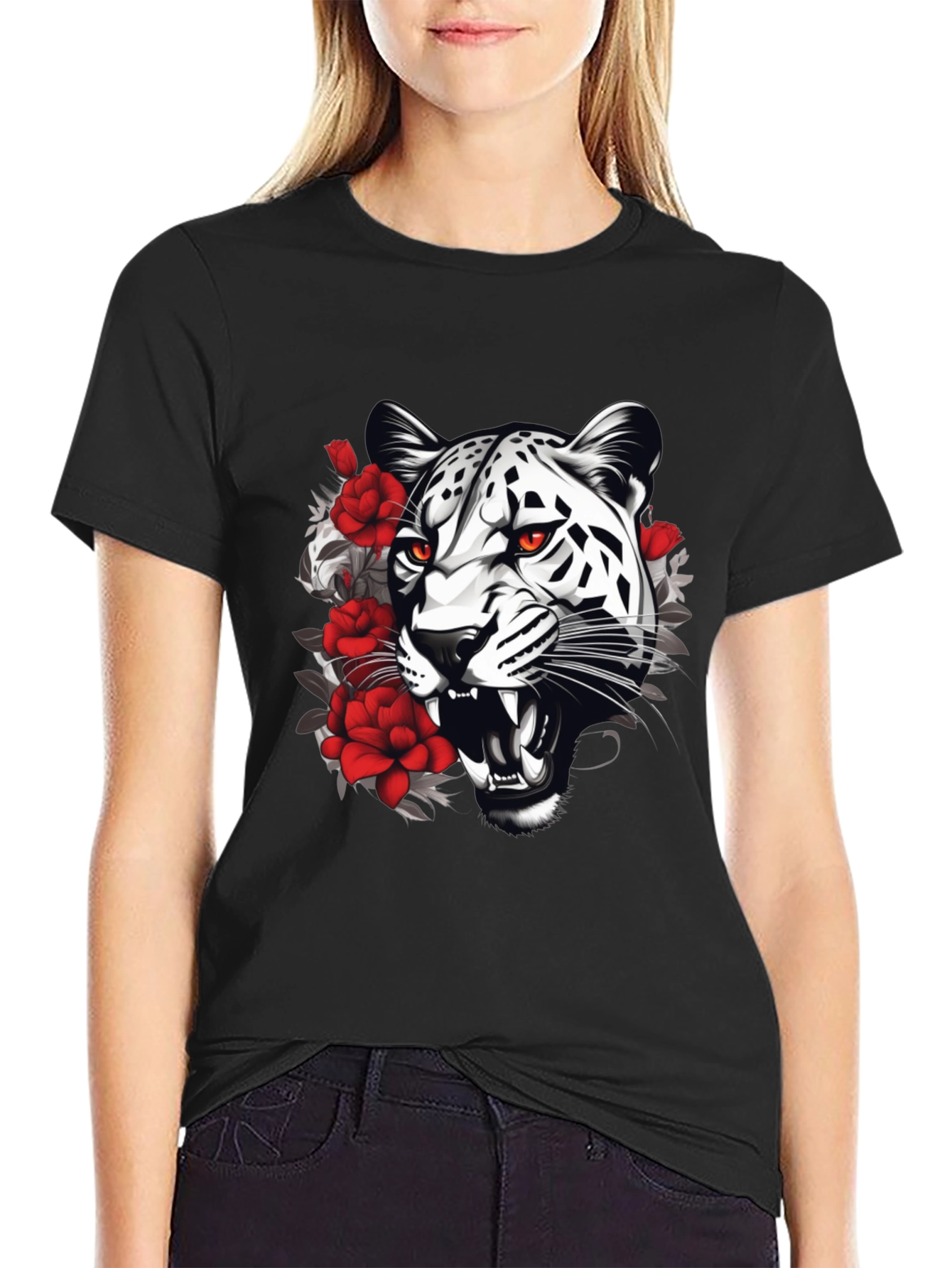 Leopard & Roses Graphic Print Black T-Shirt