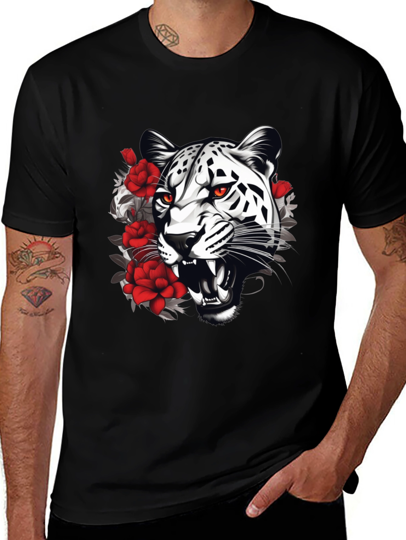 Leopard & Roses Graphic Print Black T-Shirt