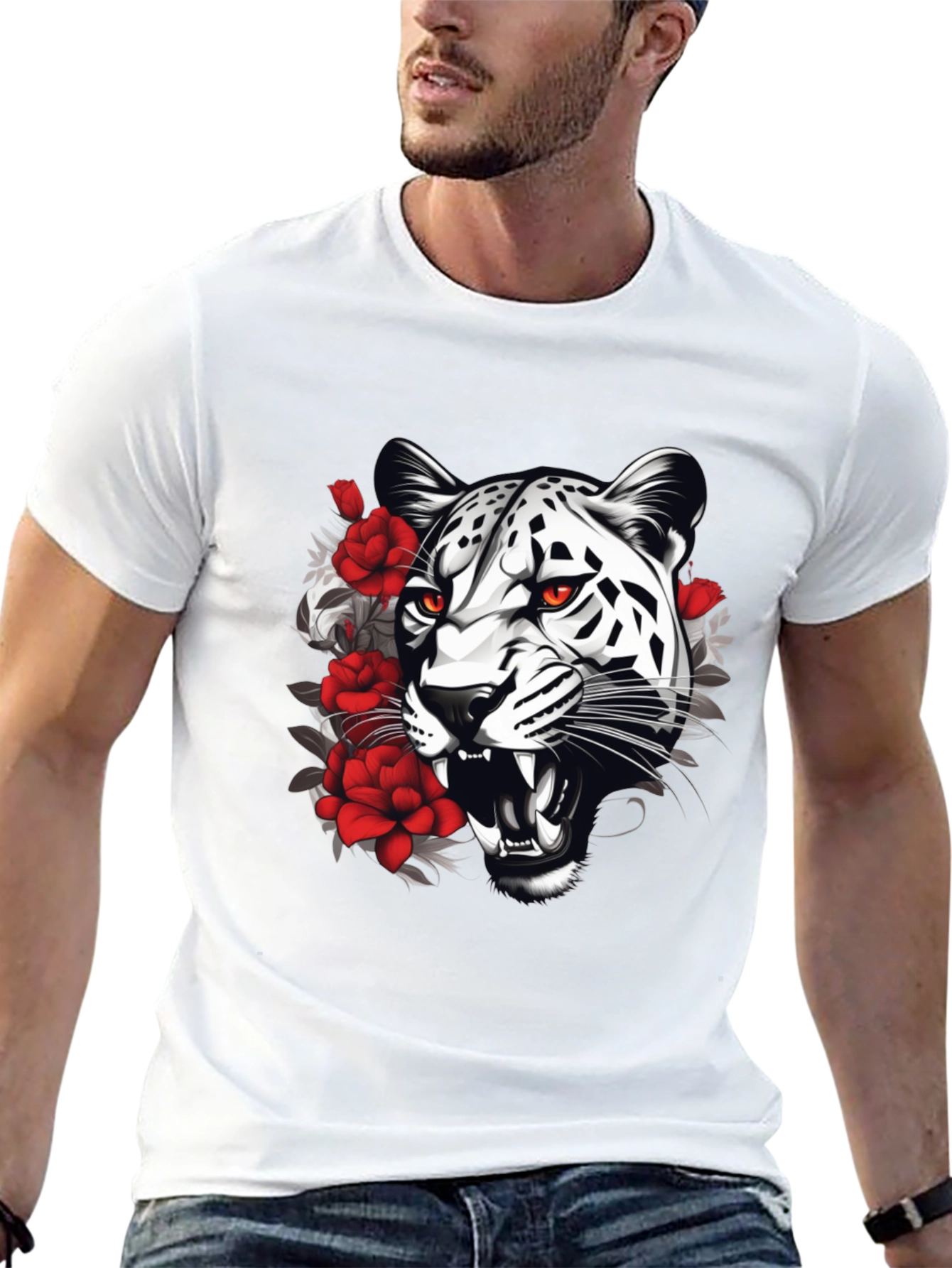 Leopard & Roses Graphic Print Black T-Shirt