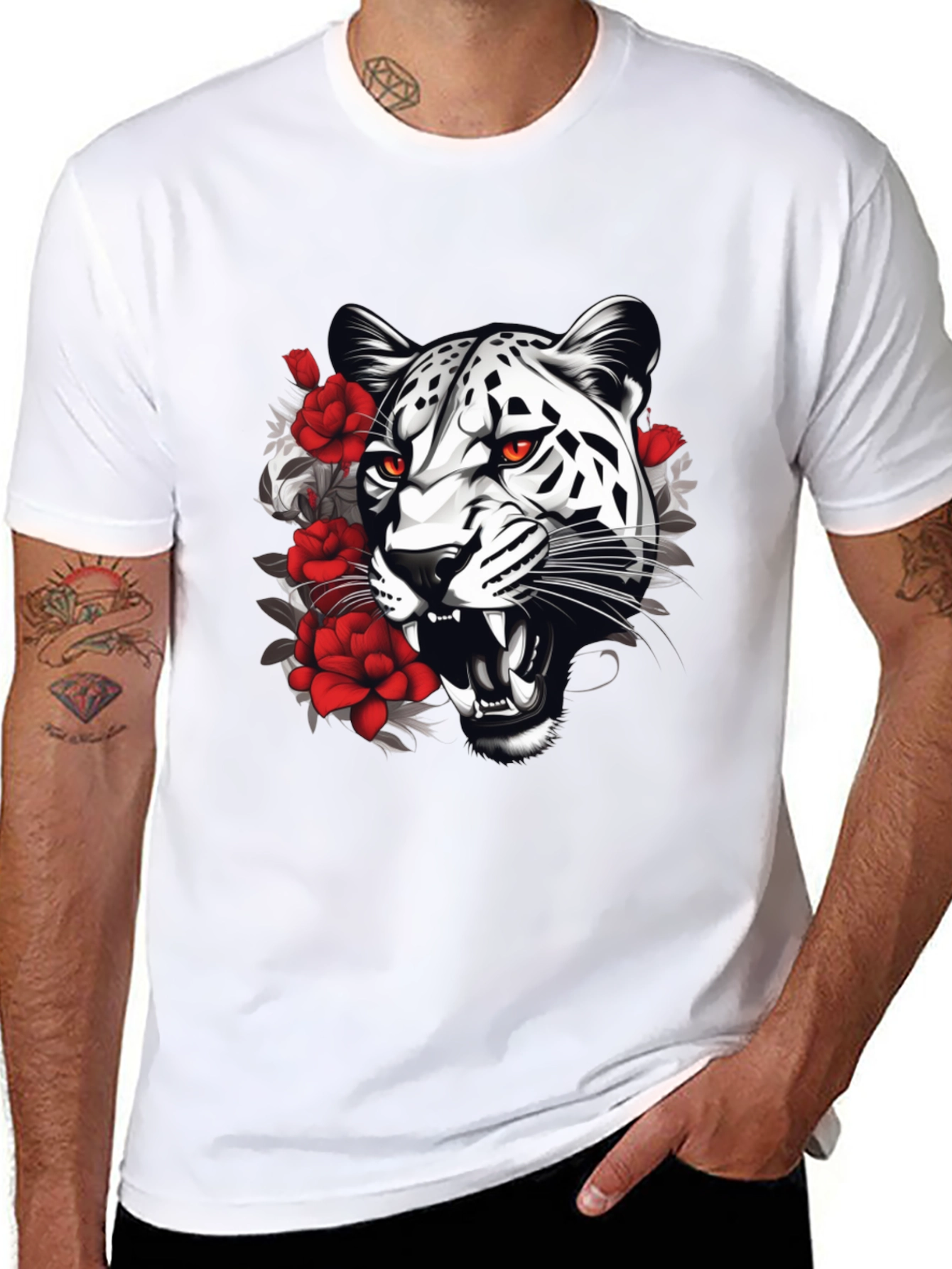 Leopard & Roses Graphic Print Black T-Shirt