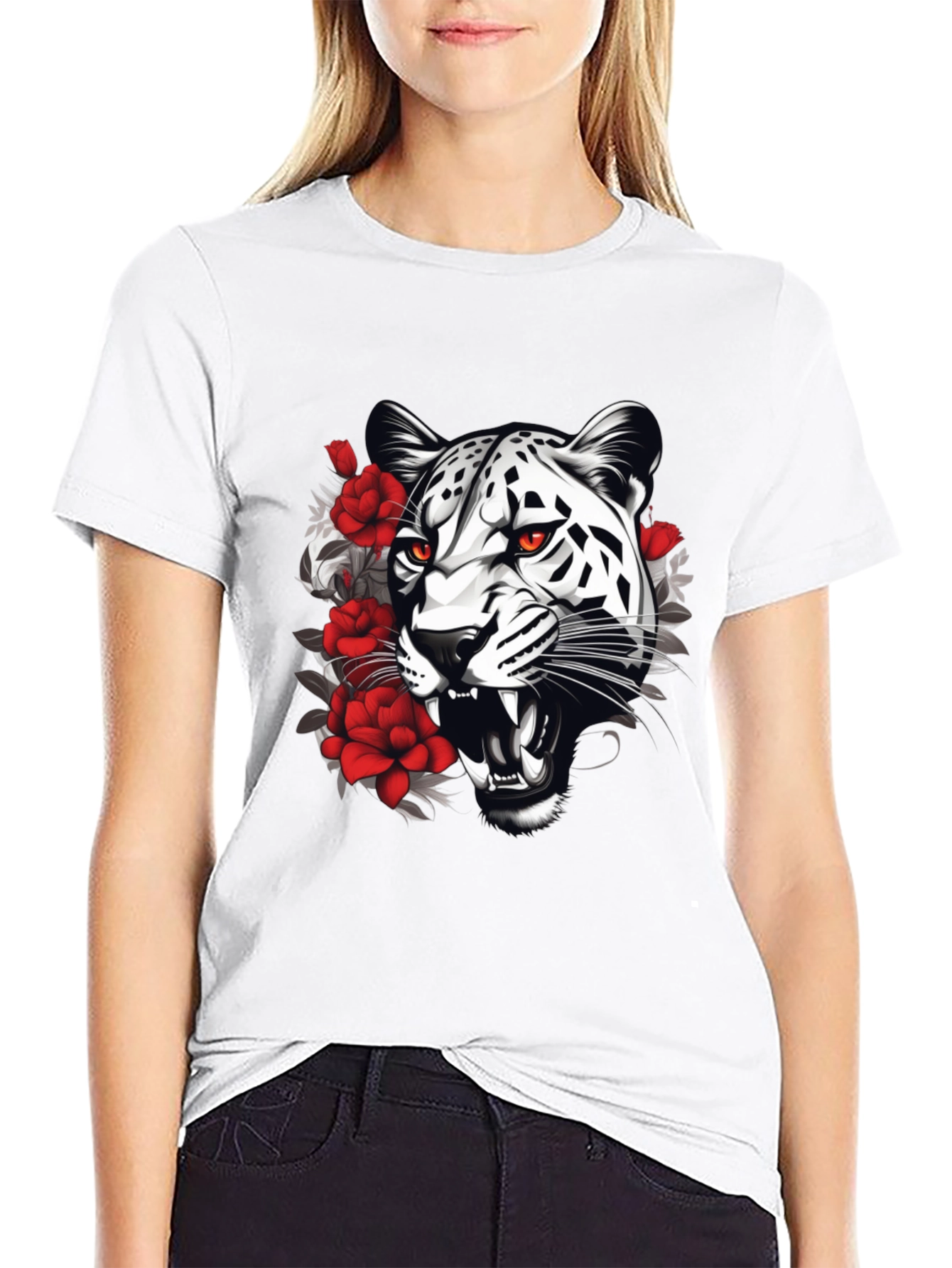 Leopard & Roses Graphic Print Black T-Shirt