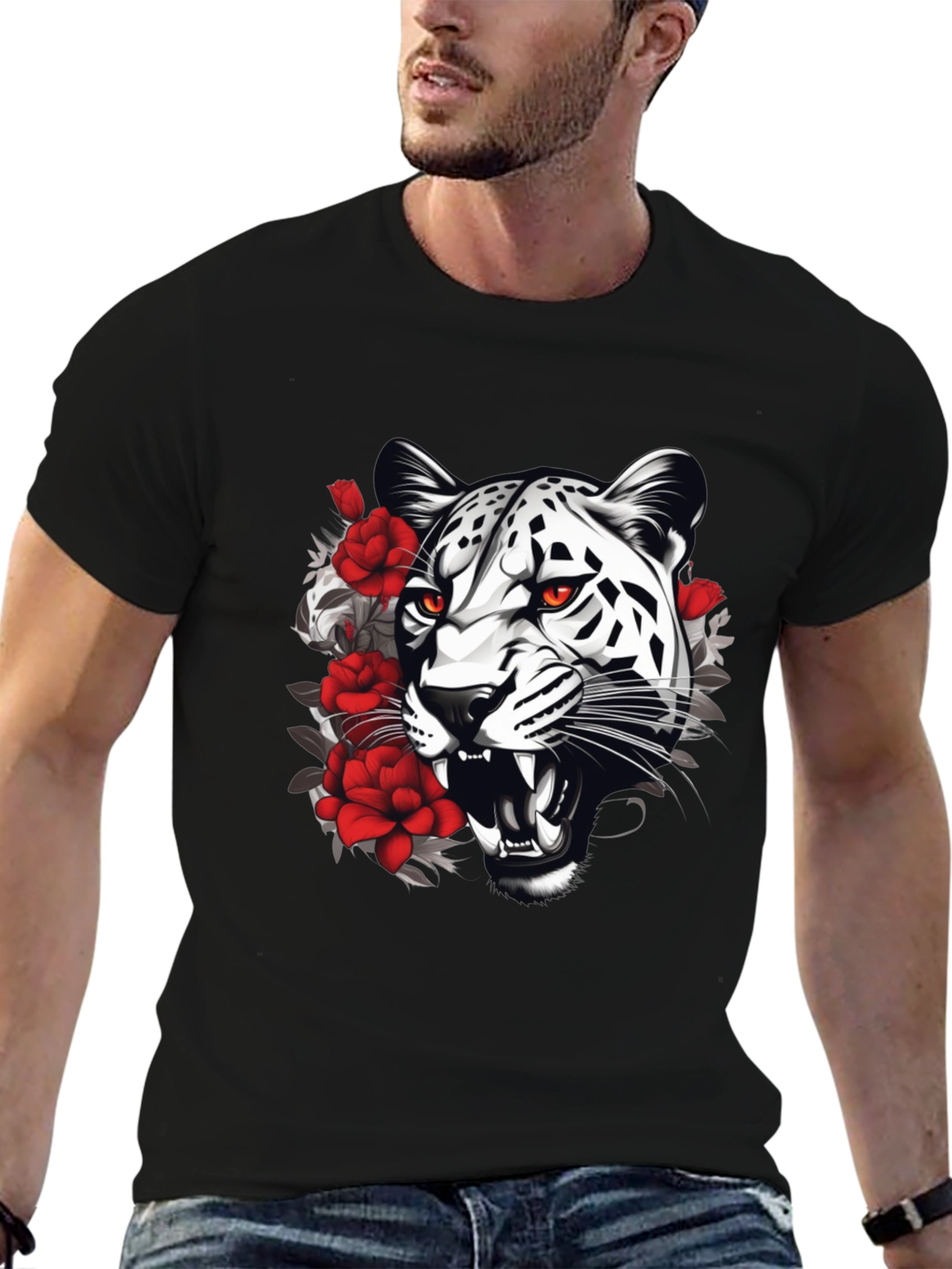 Leopard & Roses Graphic Print Black T-Shirt