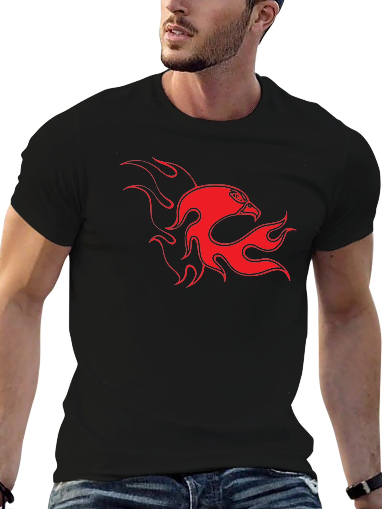 Bold Black Tee with Fiery Eagle Design