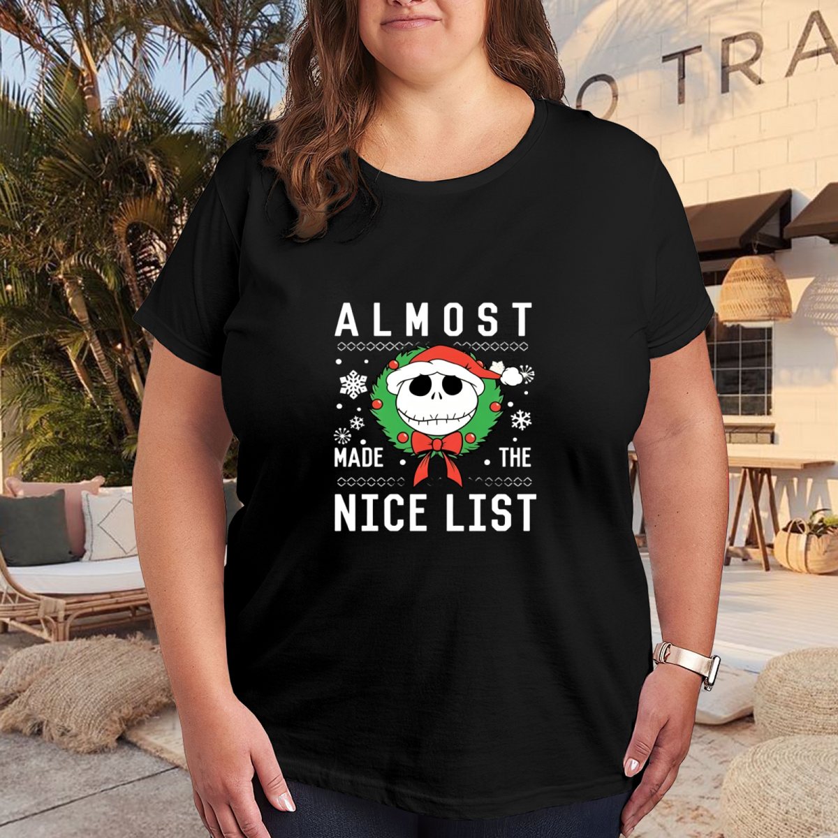 Plus Size Women Funny Jack Skellington Almost Made The Nice List Tee