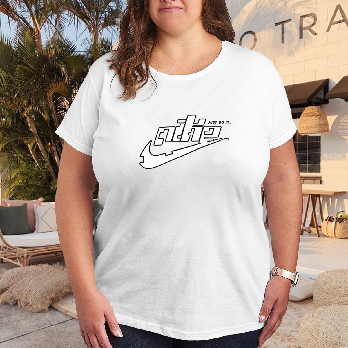 Cool Swoosh Logo Distorted Font Trendy Plus?Size Women Tee