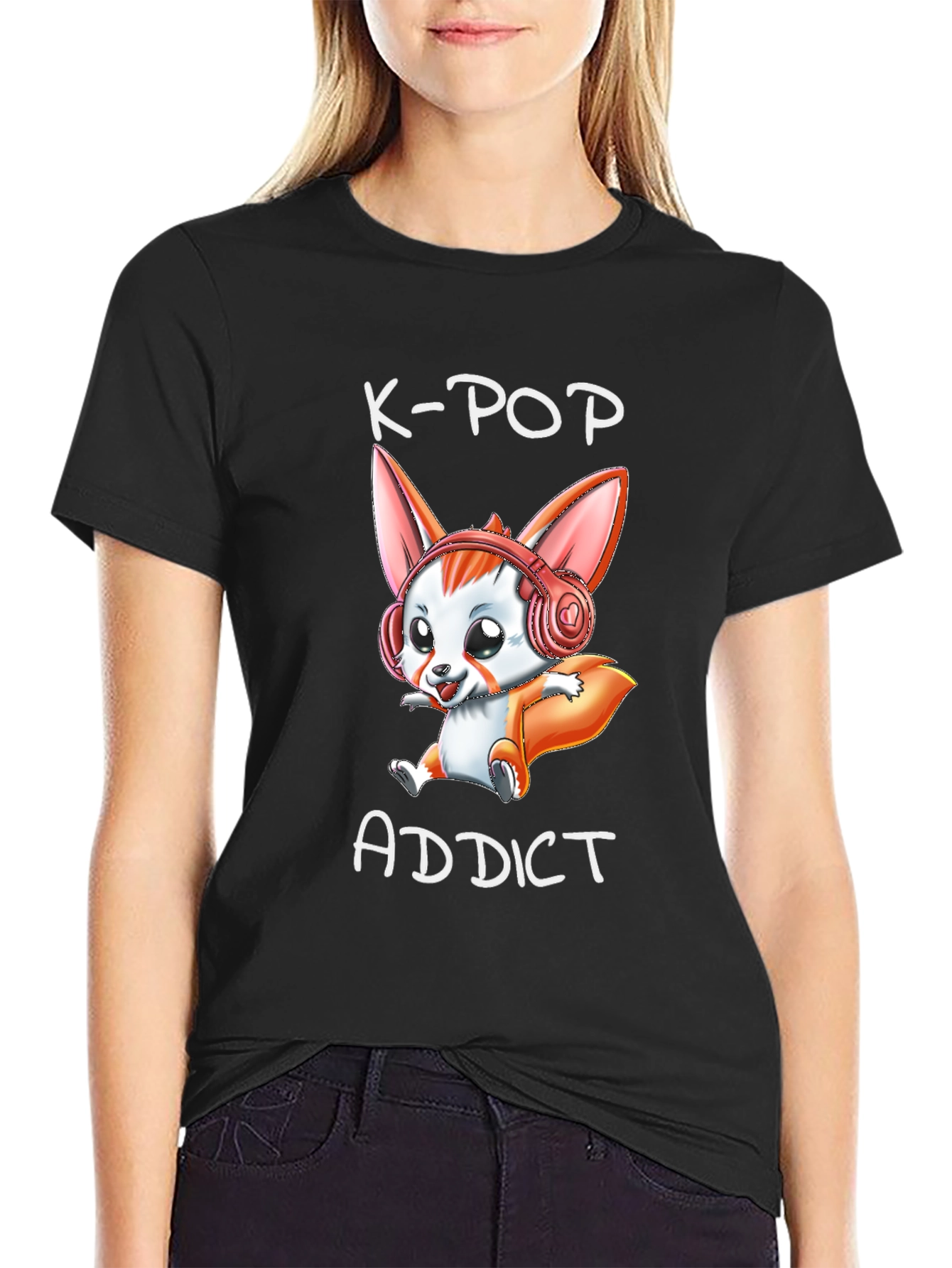 K-Pop Addict T-Shirt with Cute Cartoon Fox Design