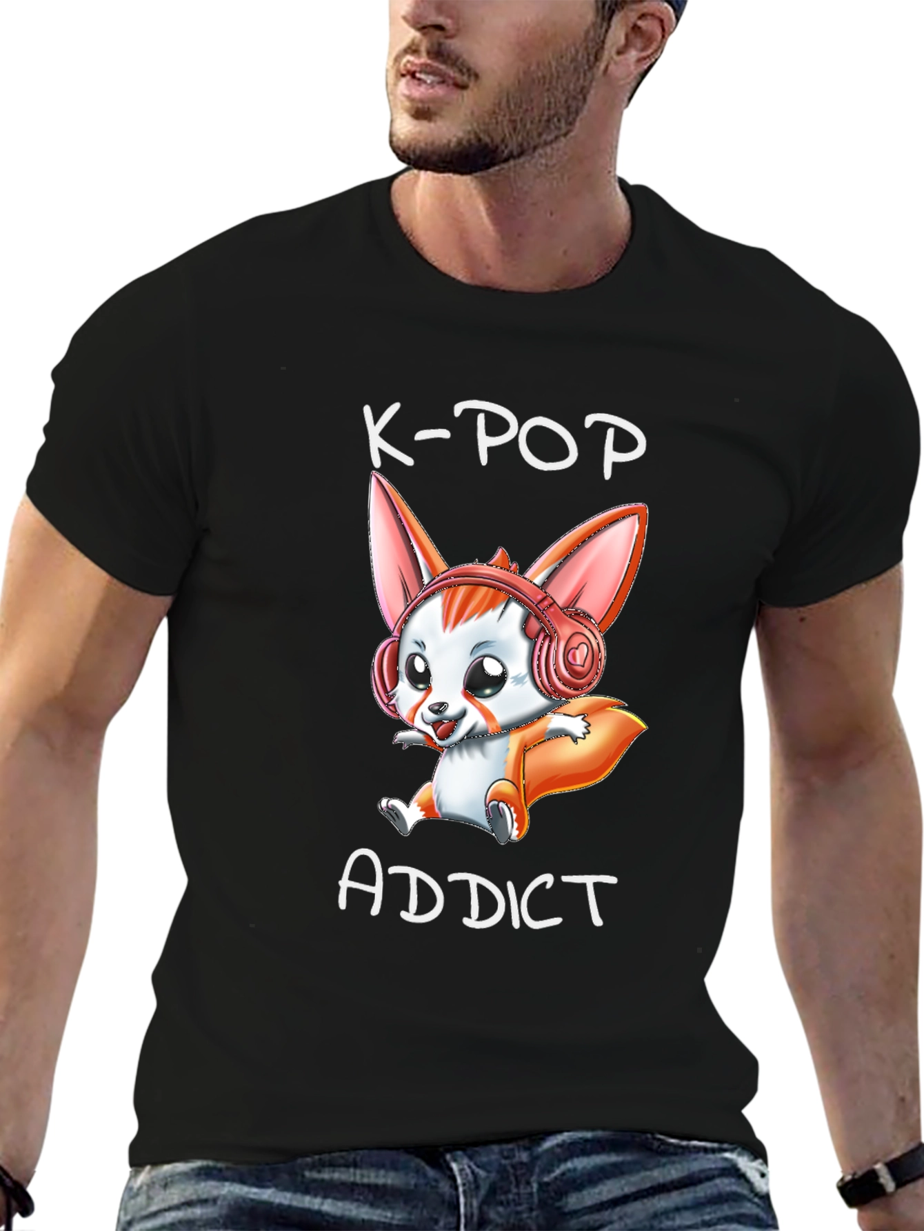 K-Pop Addict T-Shirt with Cute Cartoon Fox Design