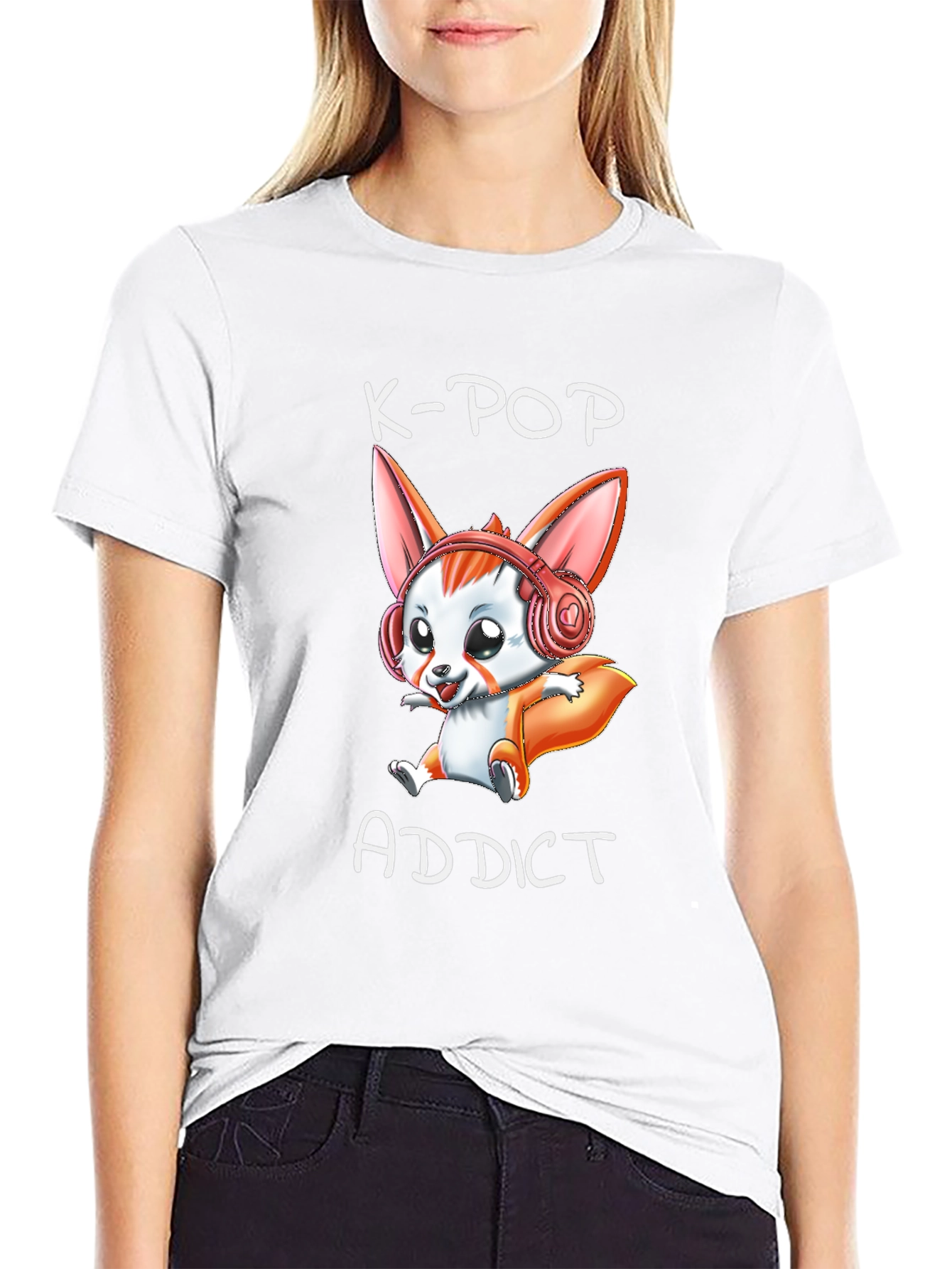 K-Pop Addict T-Shirt with Cute Cartoon Fox Design