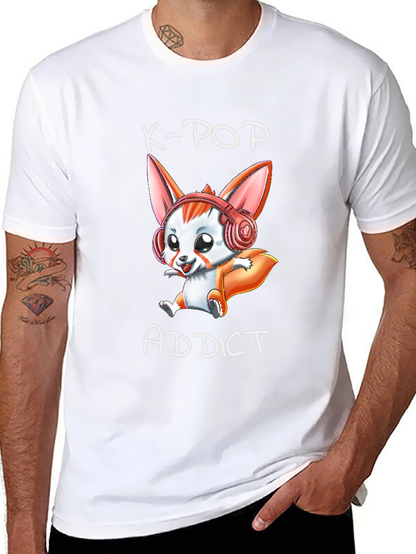 K-Pop Addict T-Shirt with Cute Cartoon Fox Design