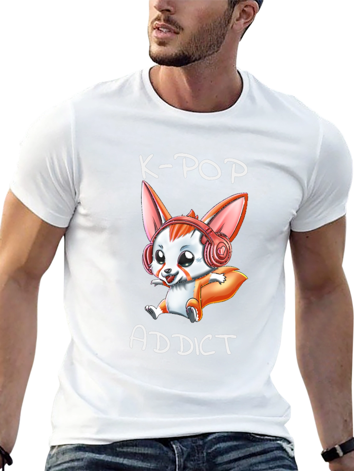 K-Pop Addict T-Shirt with Cute Cartoon Fox Design