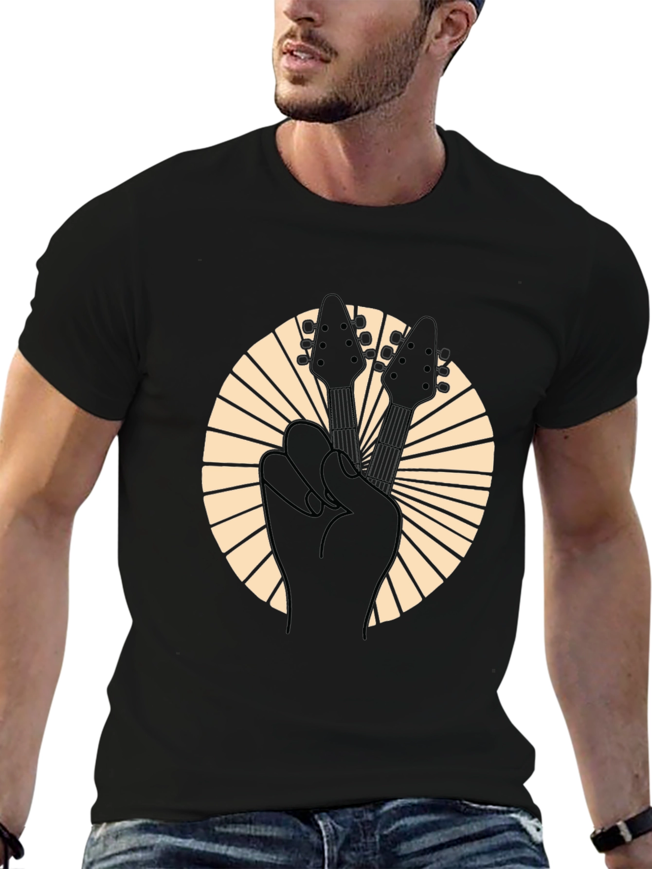 Rock On Black Guitar Peace Sign T-Shirt