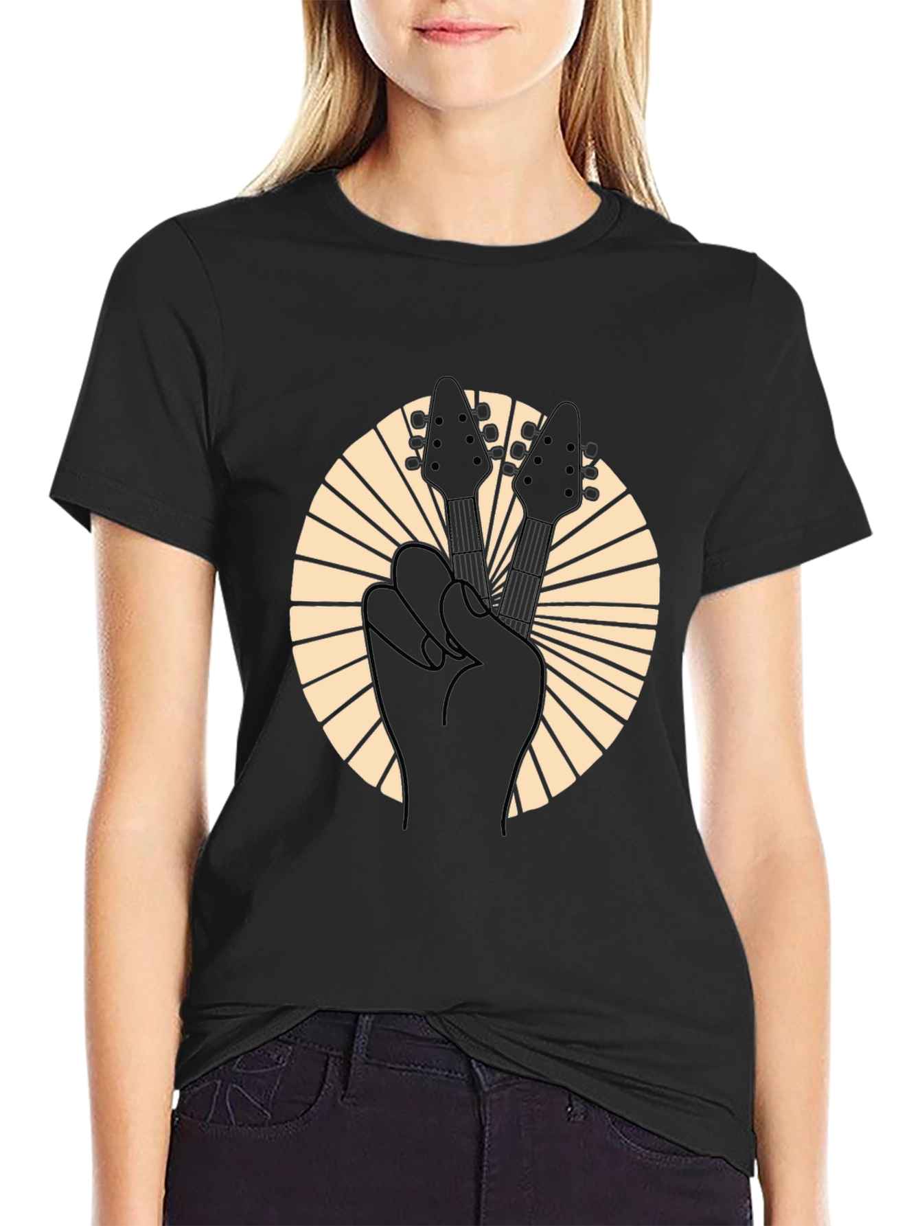 Rock On Black Guitar Peace Sign T-Shirt