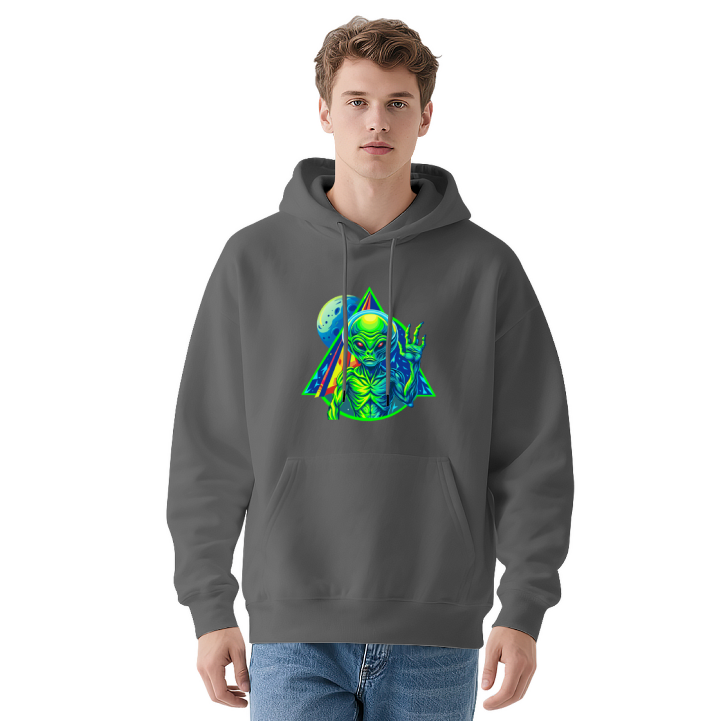 Trippy Neon Alien UFO White Hoodie, Oversized Comfort Psychedelic Sweatshirt