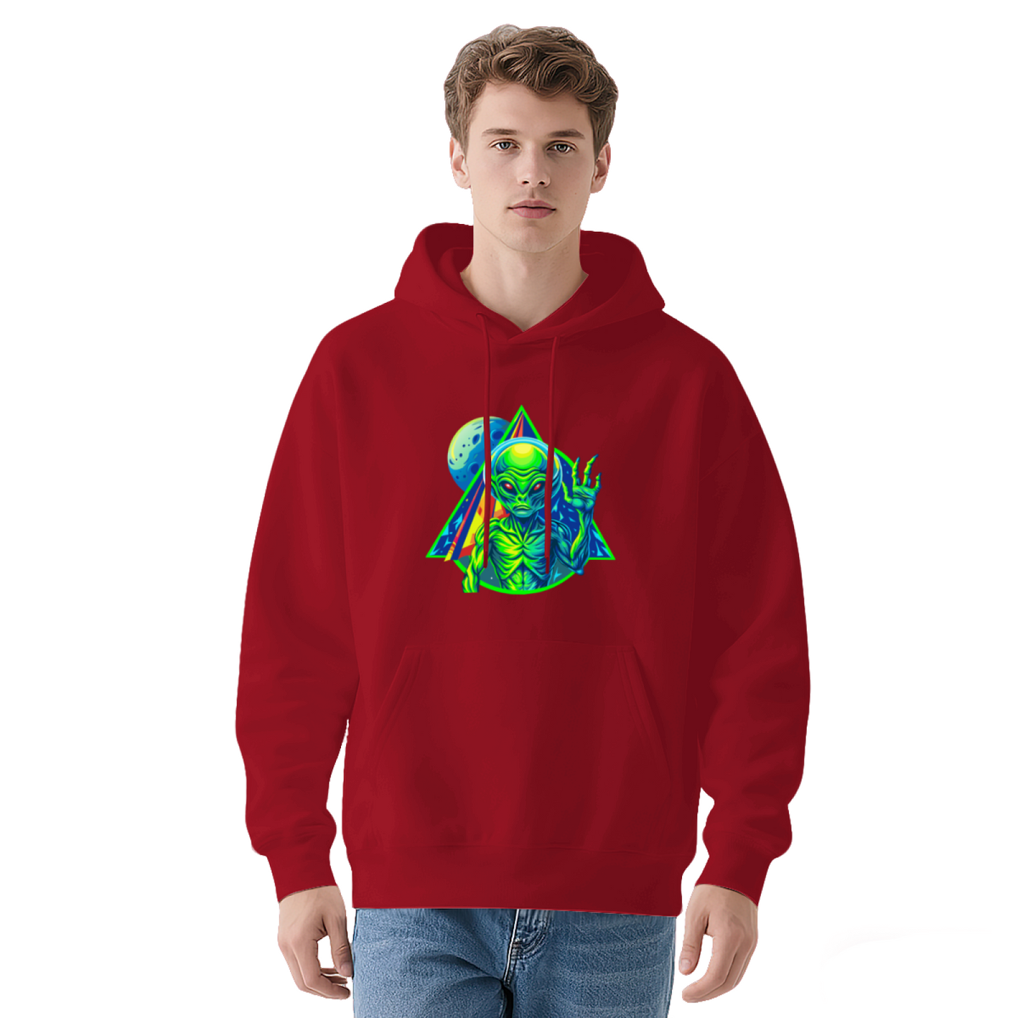 Trippy Neon Alien UFO White Hoodie, Oversized Comfort Psychedelic Sweatshirt