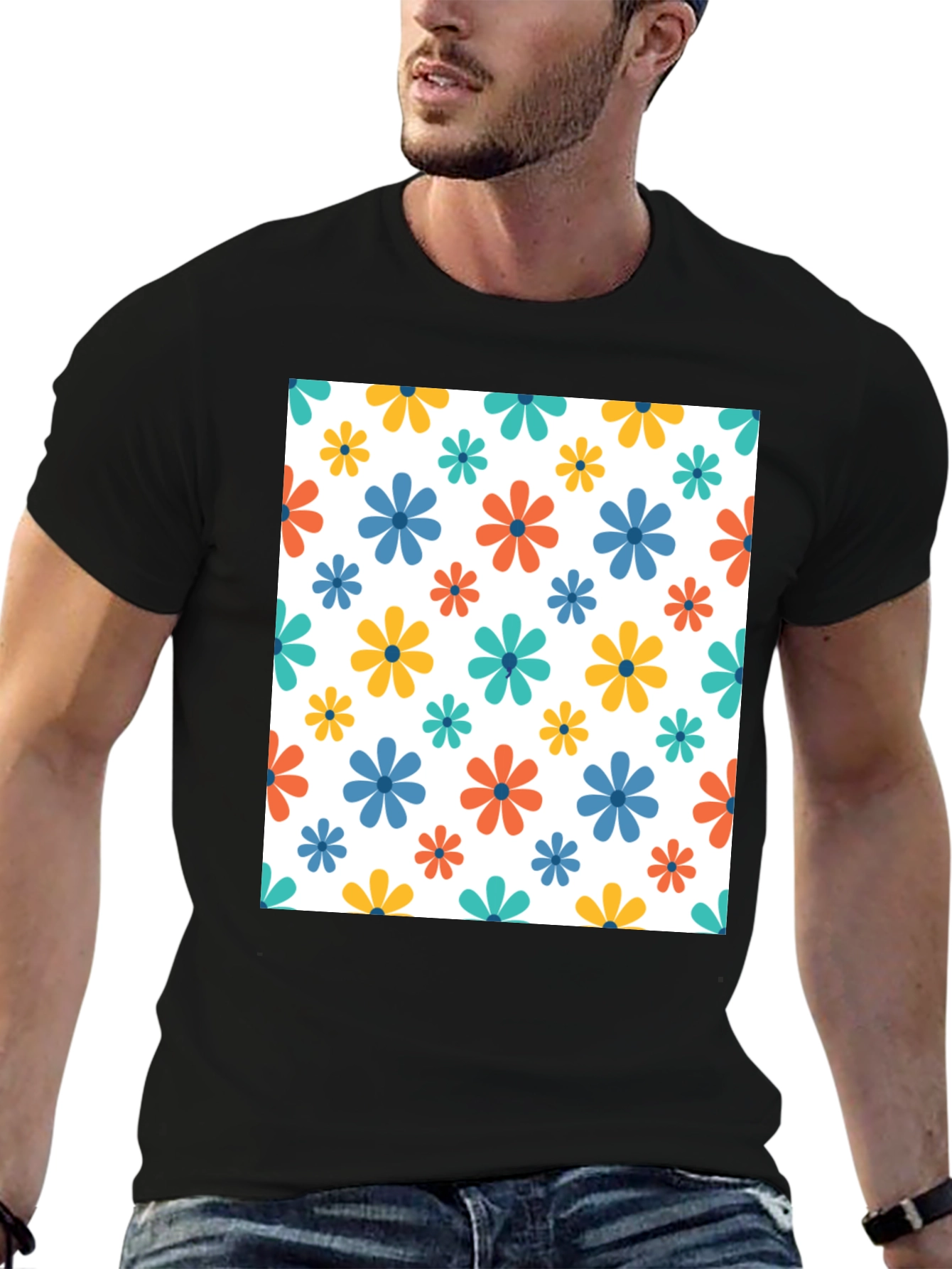 Floral Patterned Black T-Shirt