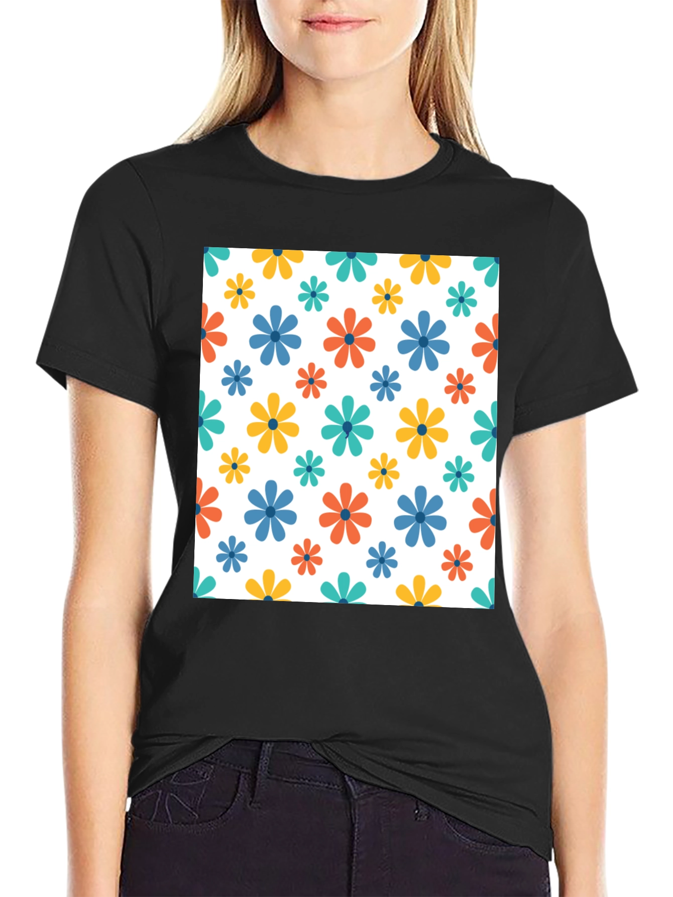 Floral Patterned Black T-Shirt