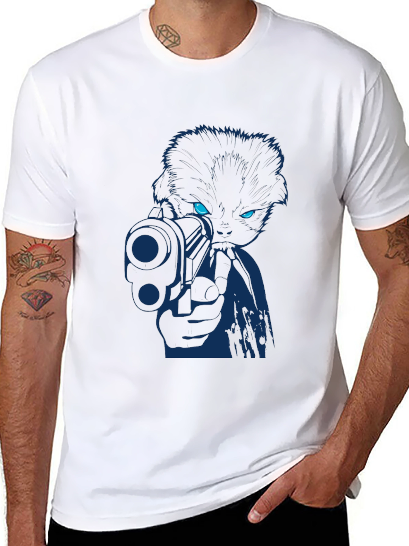Cat With Gun Graphic Tee - Cool Novelty T-Shirt