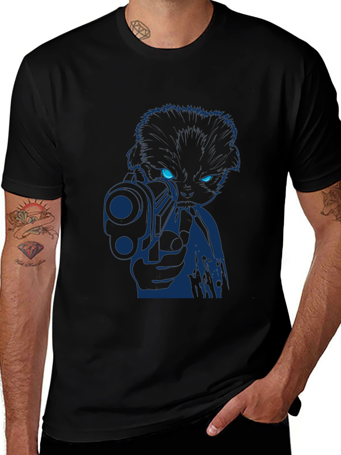Cat With Gun Graphic Tee - Cool Novelty T-Shirt