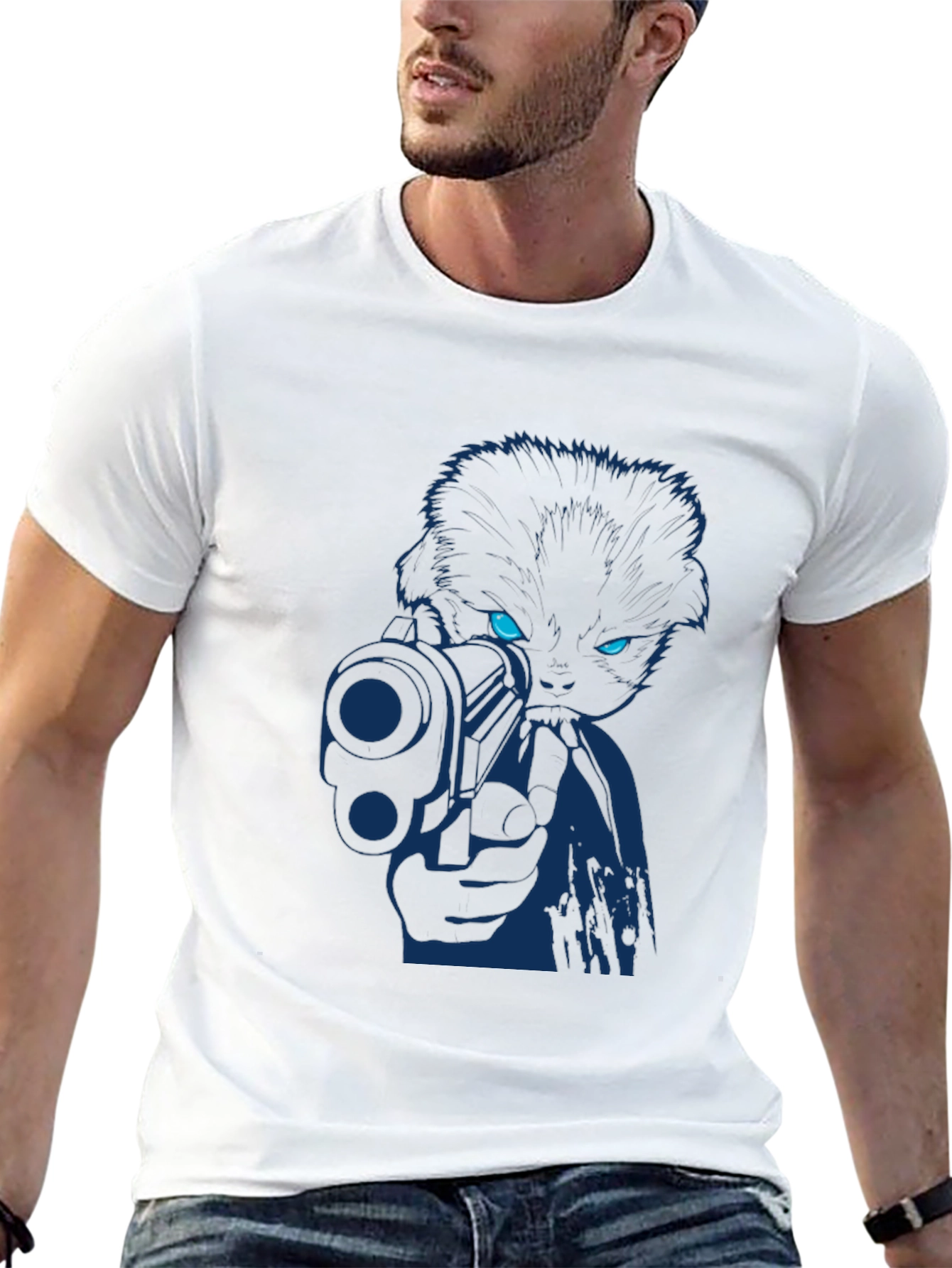 Cat With Gun Graphic Tee - Cool Novelty T-Shirt