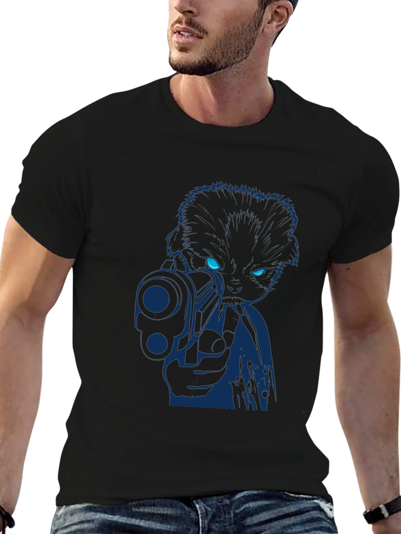Cat With Gun Graphic Tee - Cool Novelty T-Shirt