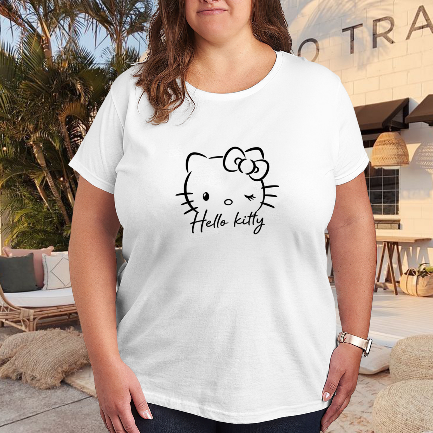 Minimal Line?Art Wink Hello Kitty Simple Plus?Size T?Shirt