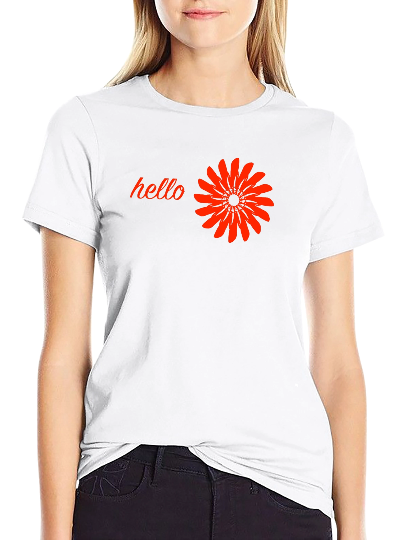 Black T-Shirt with Hello and Flower Design