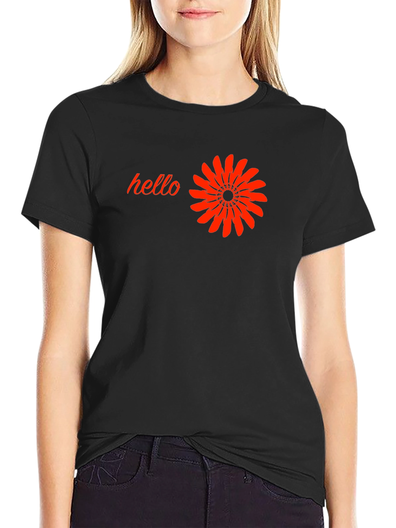 Black T-Shirt with Hello and Flower Design