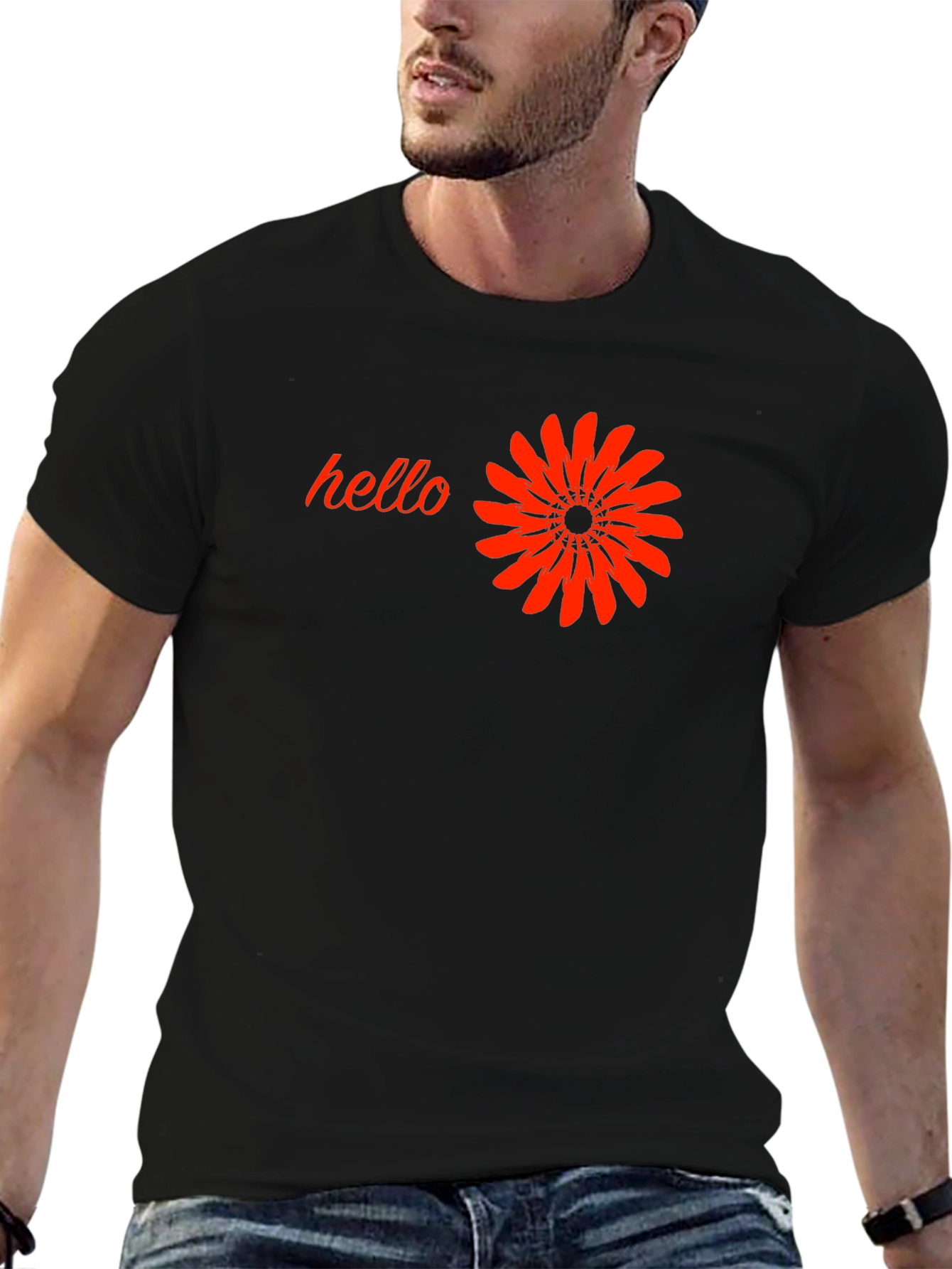 Black T-Shirt with Hello and Flower Design