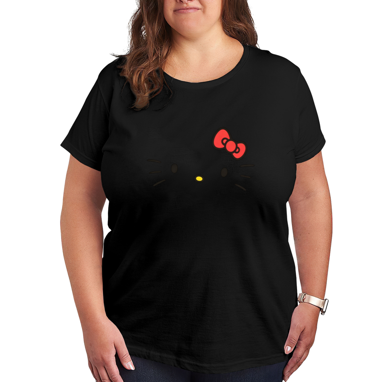 Minimalist Hello Kitty Face Red Bow Plus Size Women Casual Tee