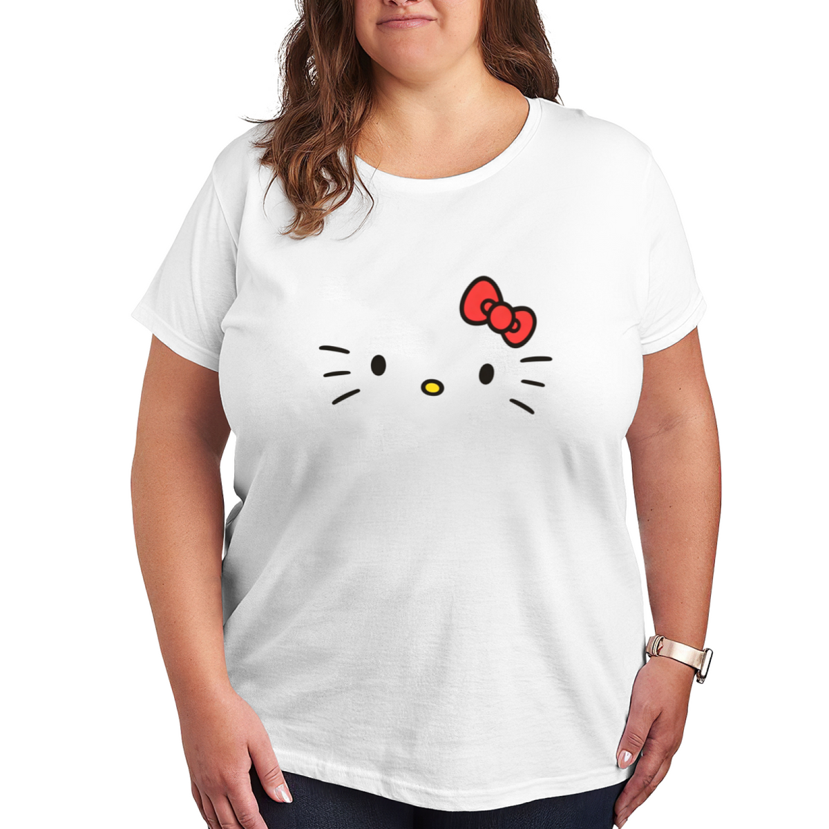 Minimalist Hello Kitty Face Red Bow Plus Size Women Casual Tee