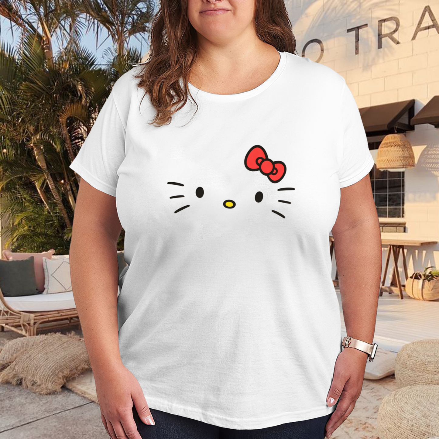Minimalist Hello Kitty Face Red Bow Plus Size Women Casual Tee