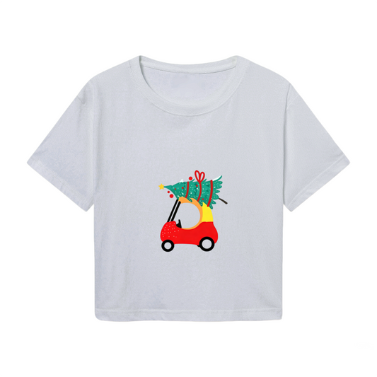 Fun Golf Cart Carrying Christmas Tree Xmas Holiday Women Crop Tee