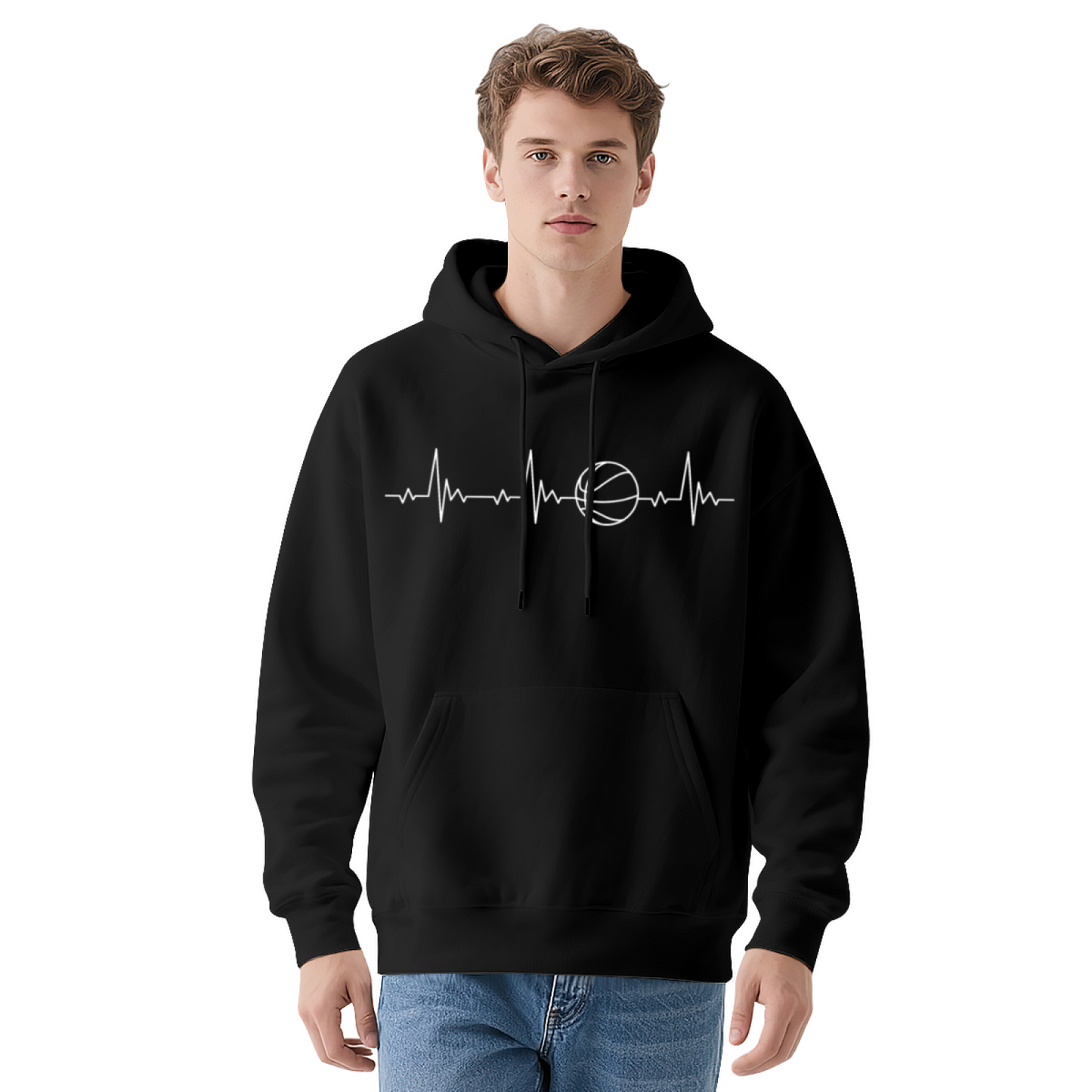Basketball Heartbeat Line Graphic Hoodie, Unisex Soft Comfort Daily Hooded Sweatshirt