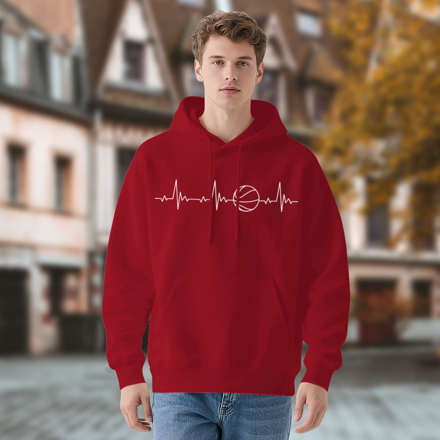 Basketball Heartbeat Line Graphic Hoodie, Unisex Soft Comfort Daily Hooded Sweatshirt