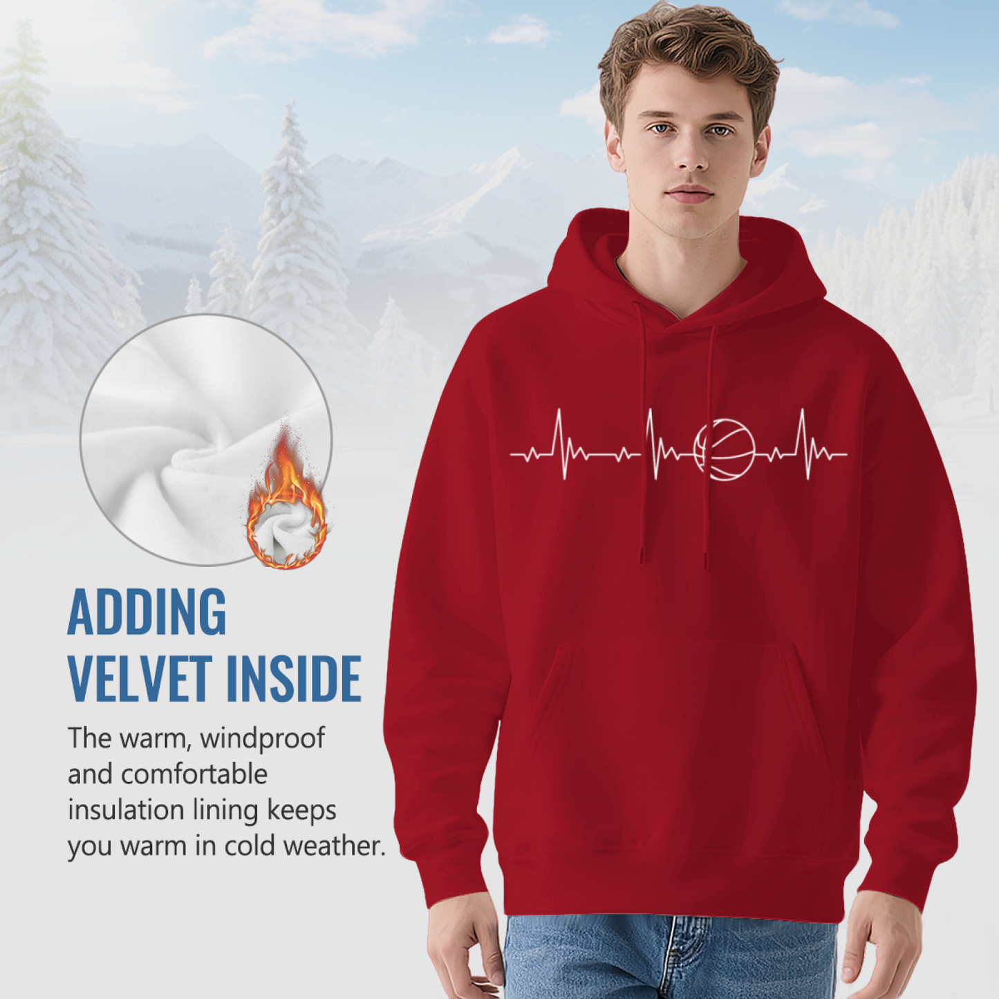 Basketball Heartbeat Line Graphic Hoodie, Unisex Soft Comfort Daily Hooded Sweatshirt