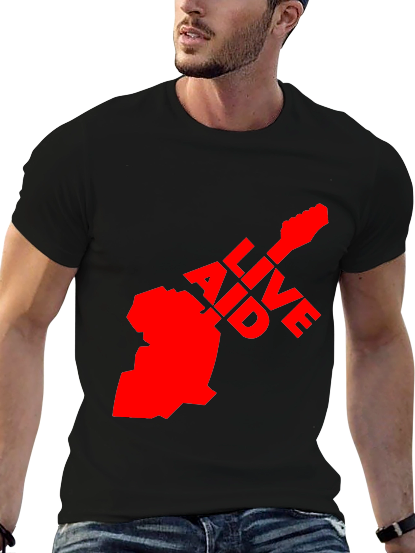 Live Aid Guitar Graphic Tee - Black Cotton