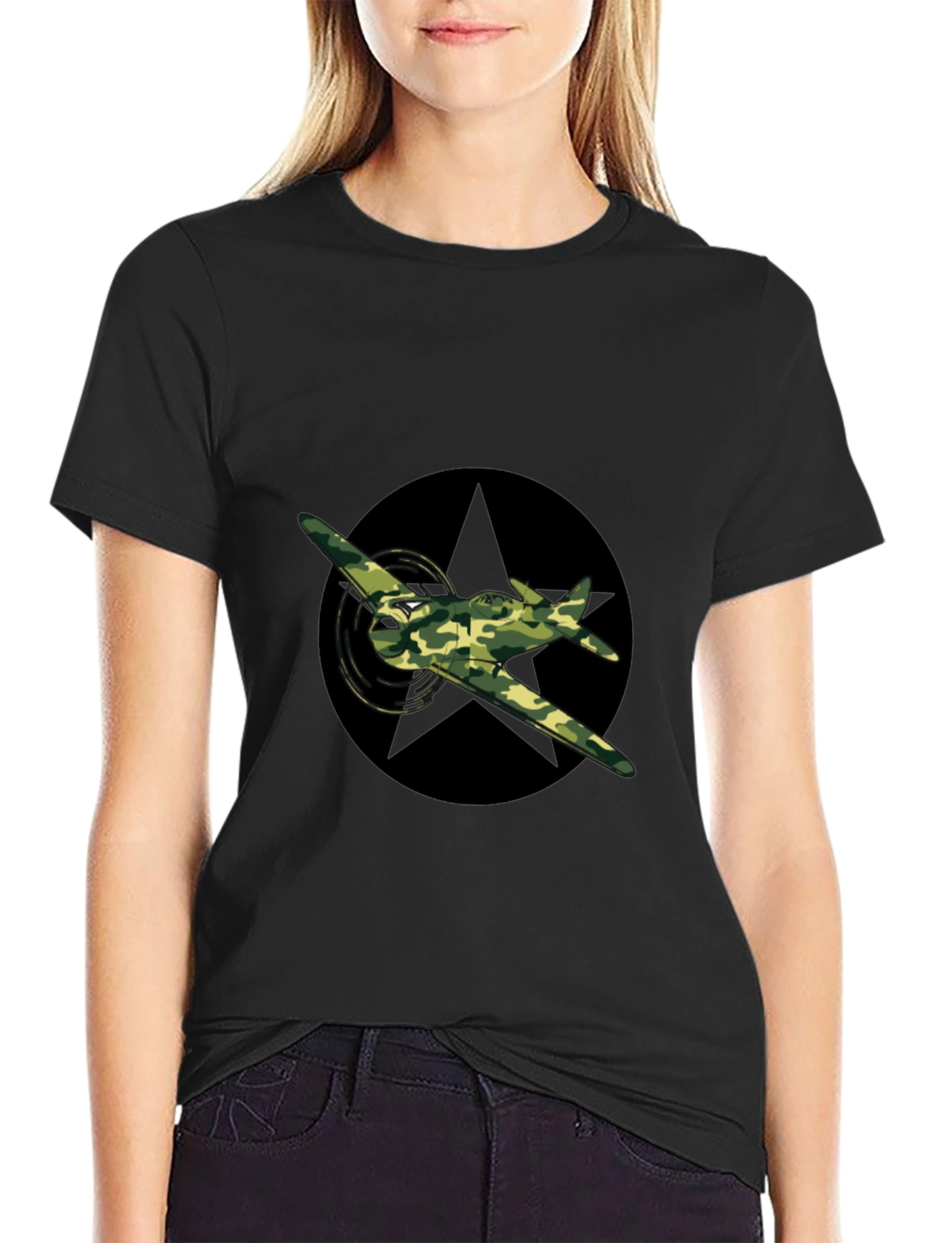 Camo Airplane Black T-Shirt