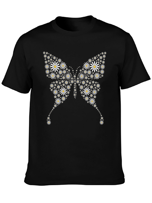 Daisy Butterfly Graphic Tee - Black Cotton Casual T-Shirt