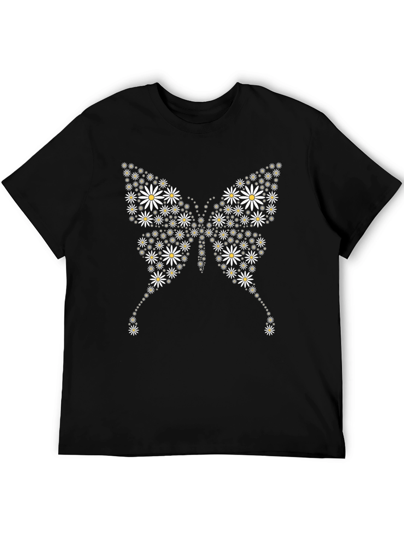 Daisy Butterfly Graphic Tee - Black Cotton Casual T-Shirt
