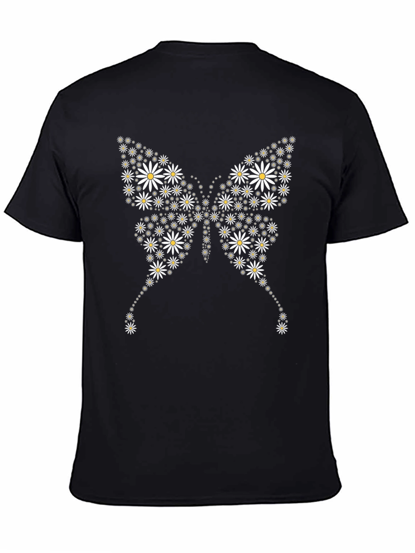 Daisy Butterfly Graphic Tee - Black Cotton Casual T-Shirt
