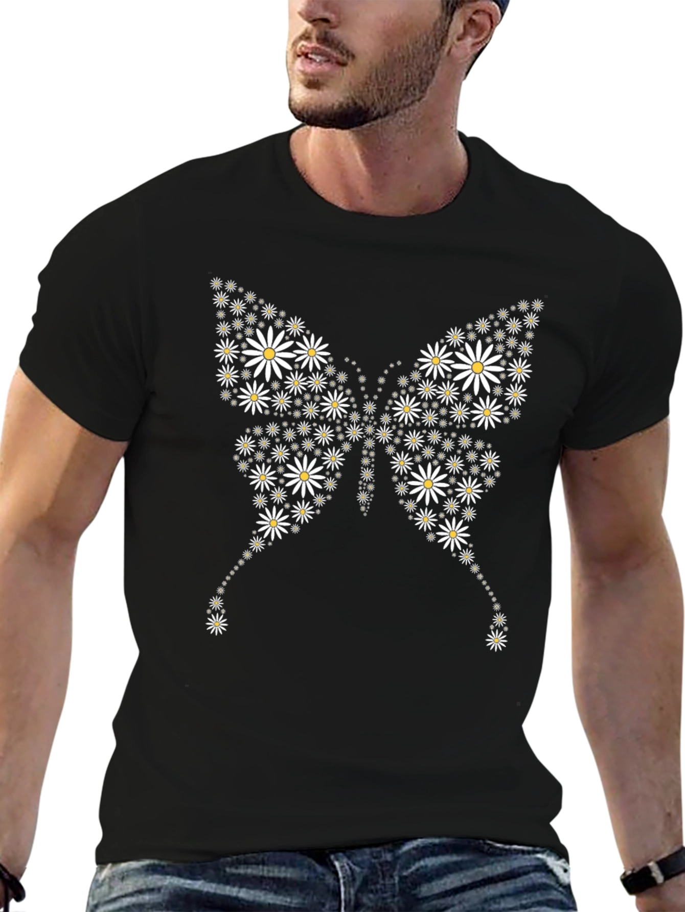 Daisy Butterfly Graphic Tee - Black Cotton Casual T-Shirt