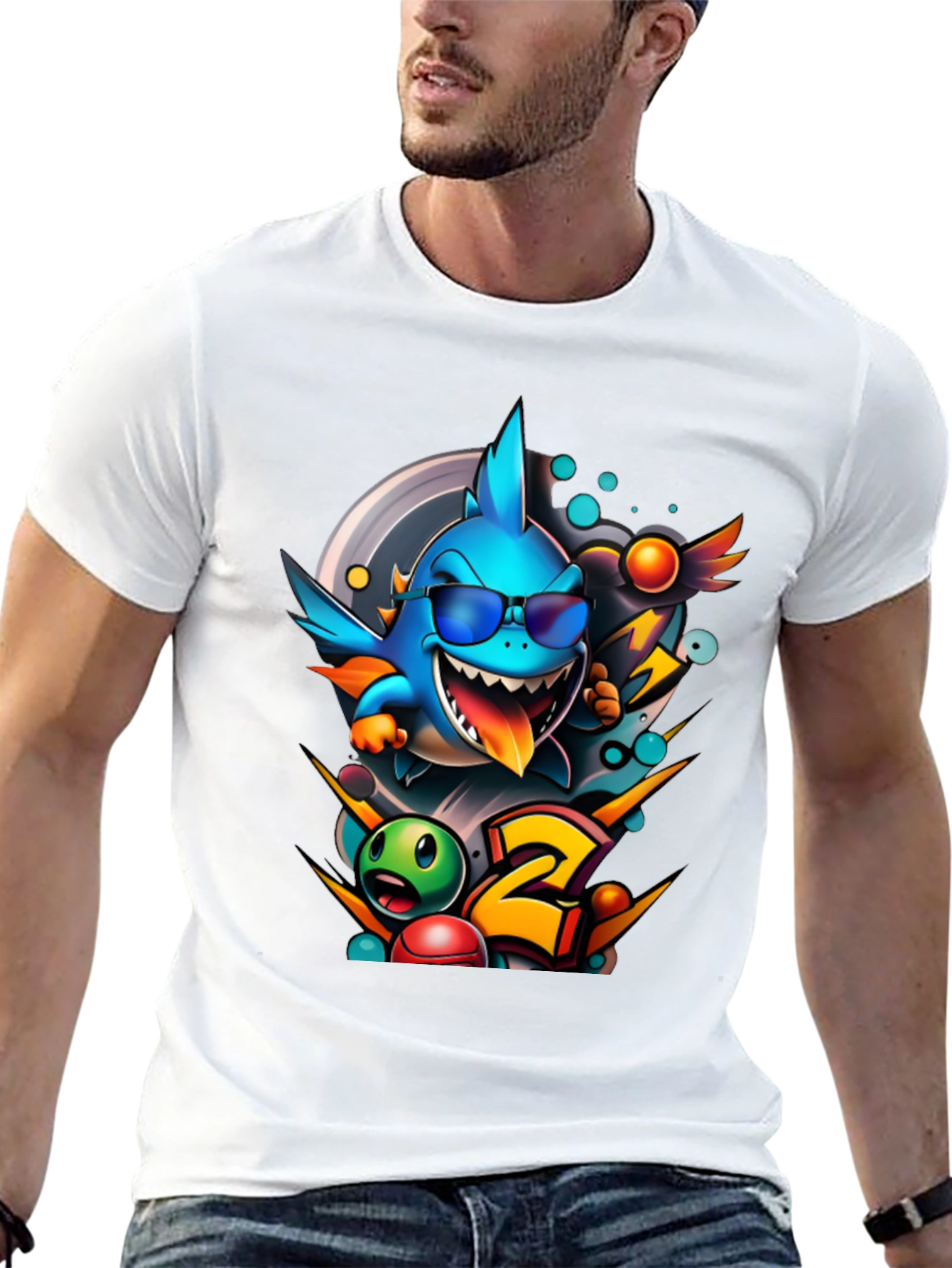 Cool Shark Cartoon Graphic Print T-Shirt