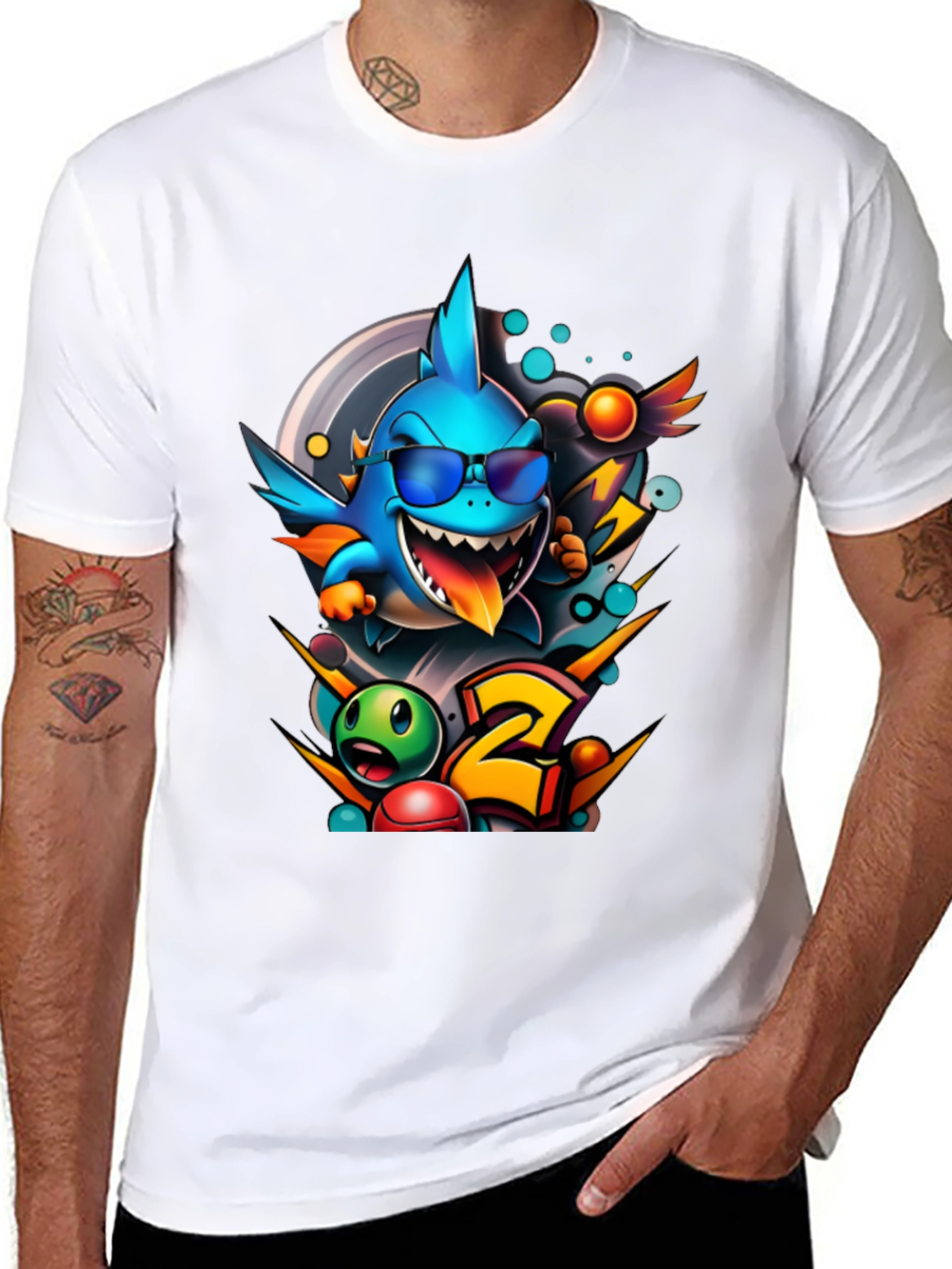 Cool Shark Cartoon Graphic Print T-Shirt