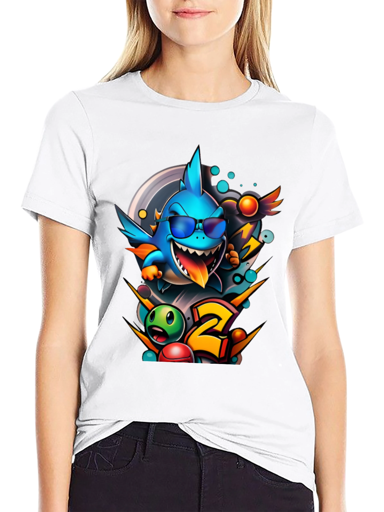 Cool Shark Cartoon Graphic Print T-Shirt