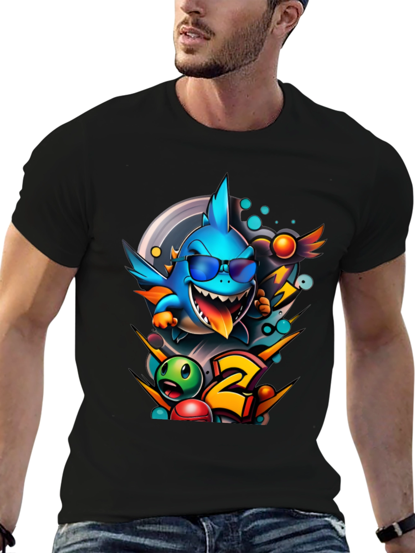 Cool Shark Cartoon Graphic Print T-Shirt