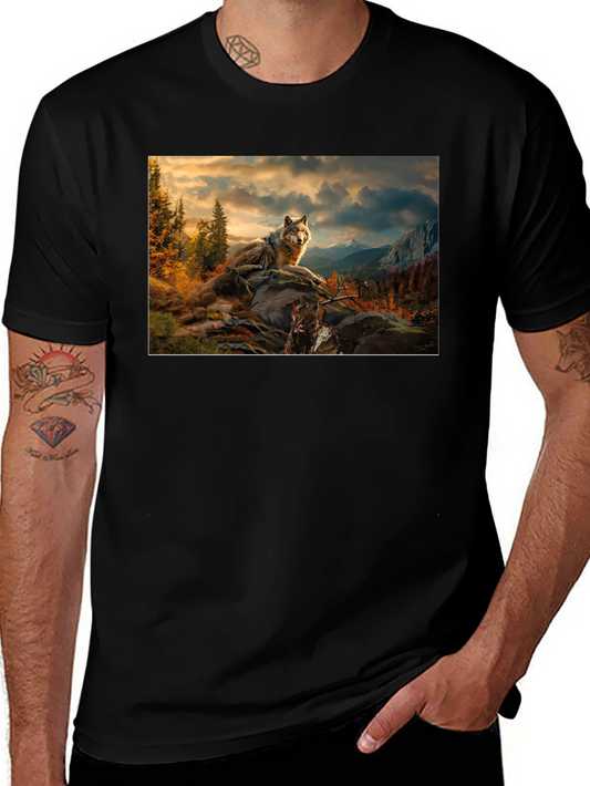 Wolf Landscape Graphic Tee - Stylish Black T-Shirt