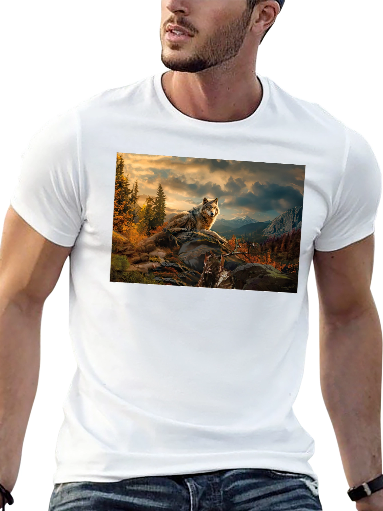 Wolf Landscape Graphic Tee - Stylish Black T-Shirt