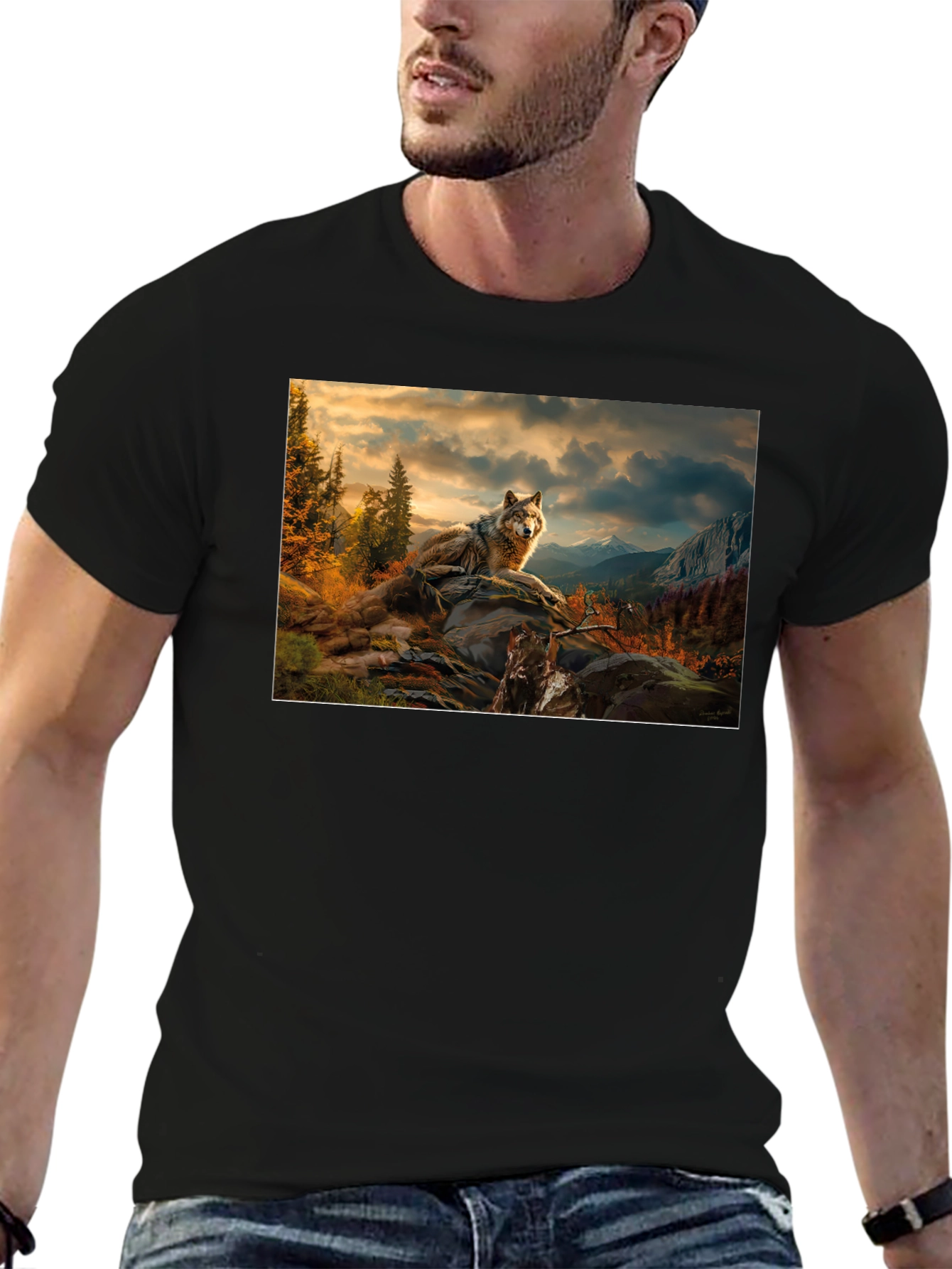 Wolf Landscape Graphic Tee - Stylish Black T-Shirt