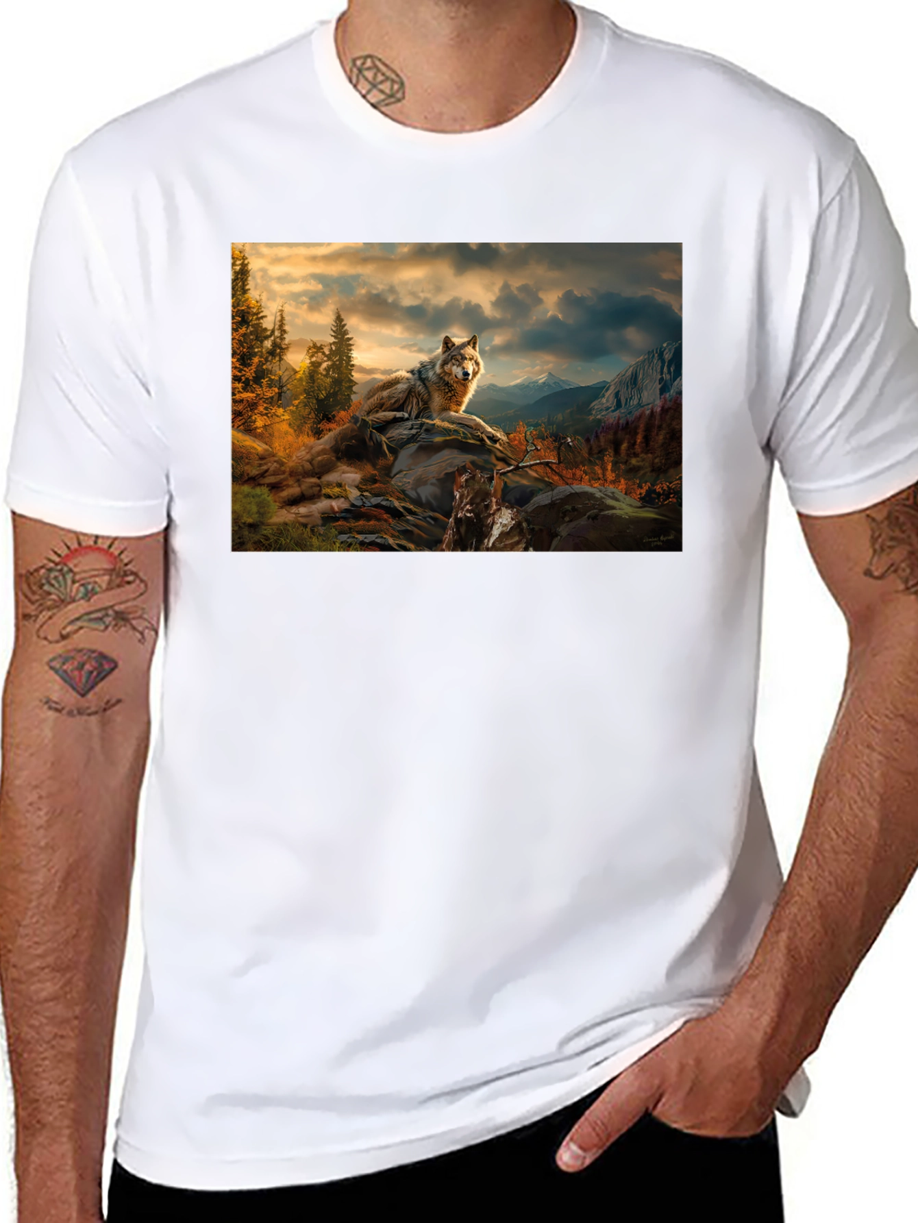 Wolf Landscape Graphic Tee - Stylish Black T-Shirt