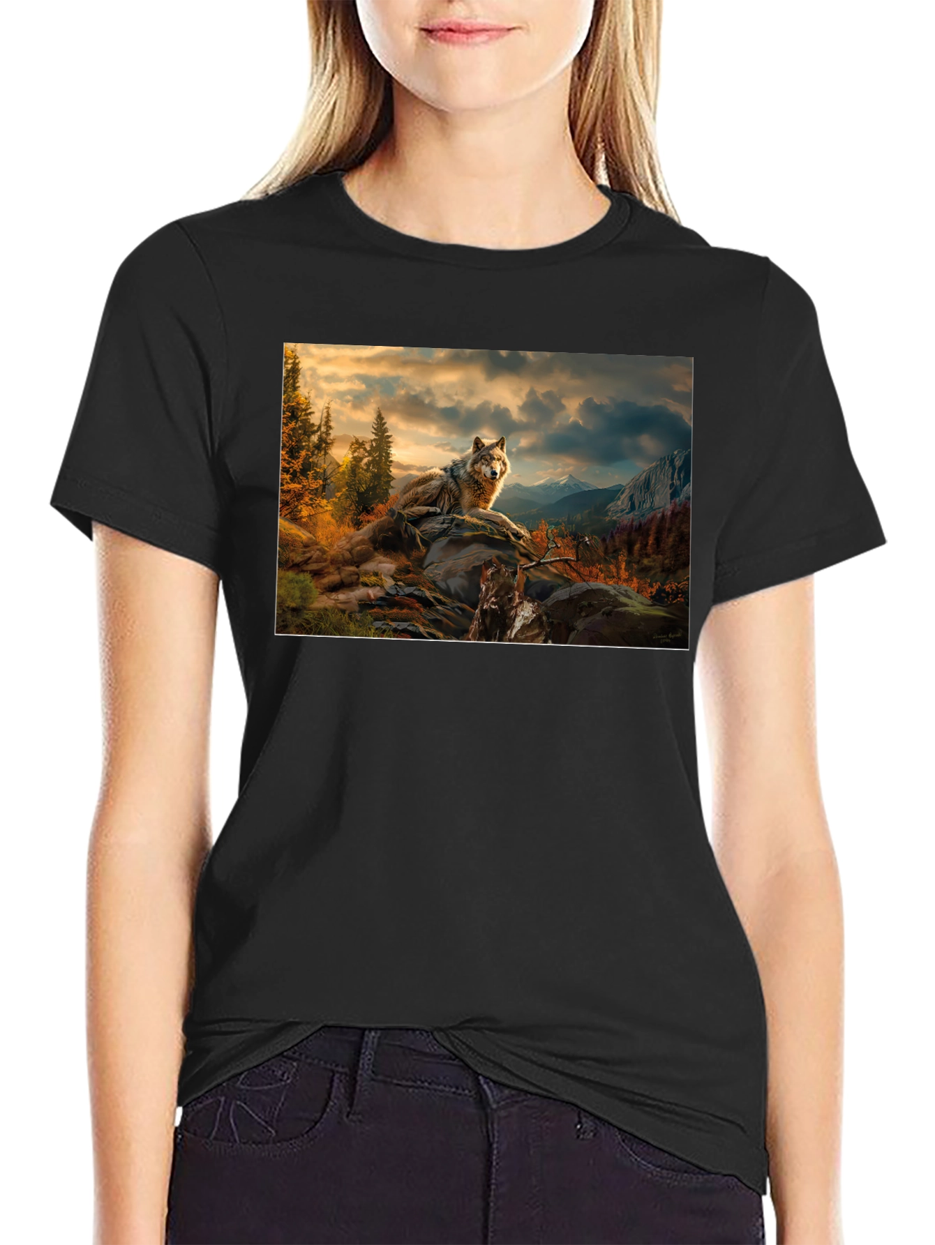 Wolf Landscape Graphic Tee - Stylish Black T-Shirt